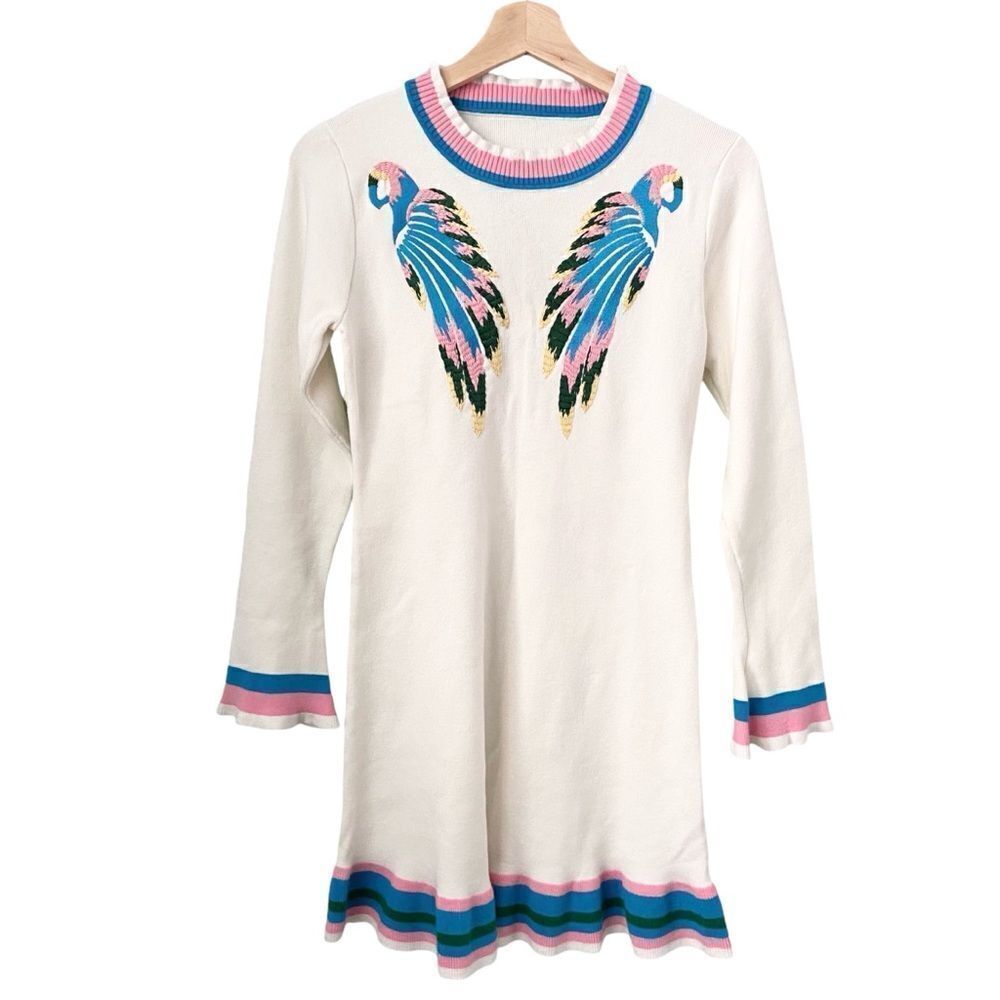 Boho Vibe Parrot Embroidered Mini Sweater Dress in Size Medium - Picture 6 of 14